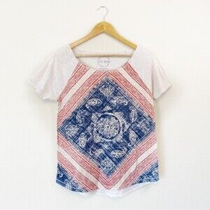 Lucky Brand Bandana Red Blue Scoopneck Short Sleeve Lightweight Tee Top Small